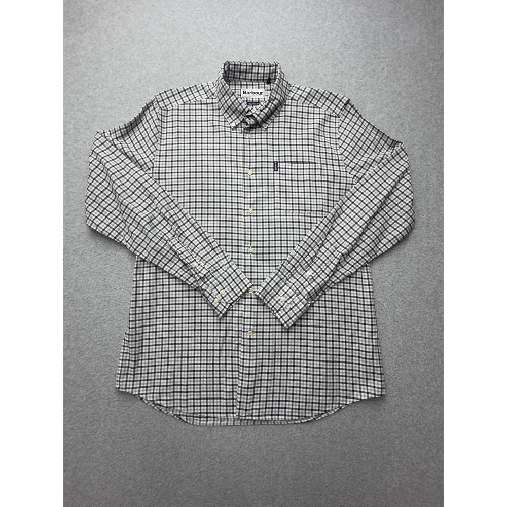 Barbour Shirt Mens Medium Blue‎ Gingham Check Long Sleeve Button Stretch Casual
